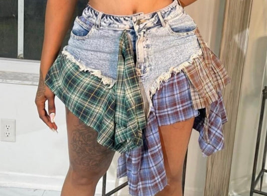 Denim Plaid Skirt